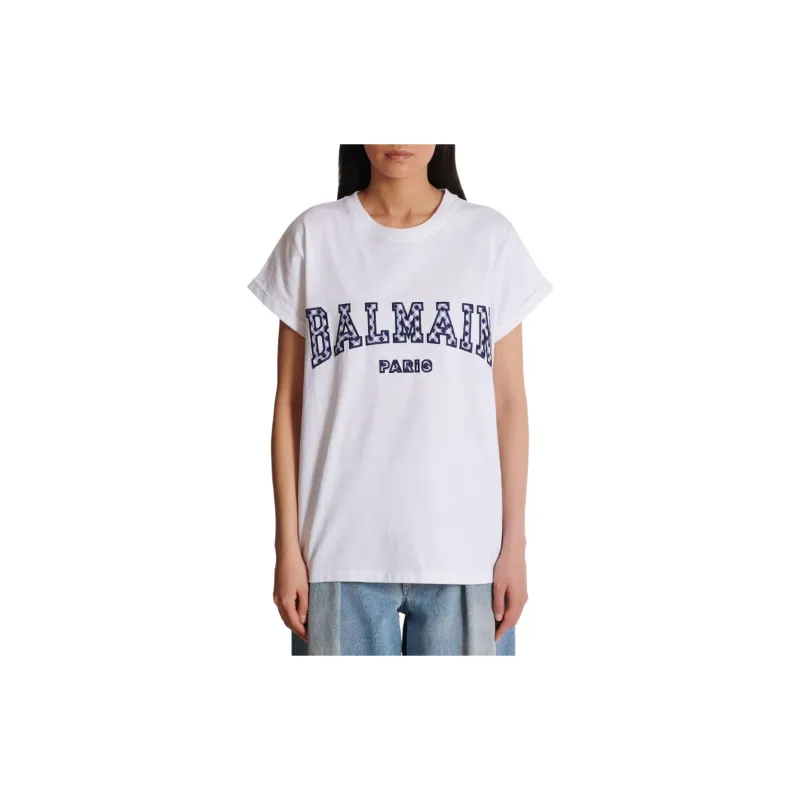 BALMAIN Checked Letter Crewneck T Shirt-4