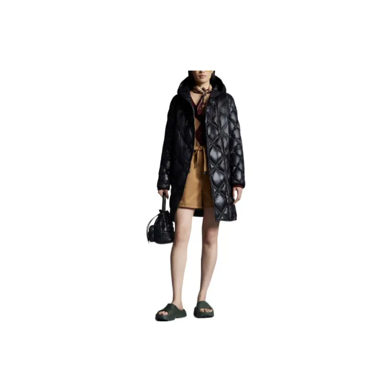 Moncler FW22 Solid Color Hooded Fitted Thickened Mid-Length Down Jacket Women's Black-1