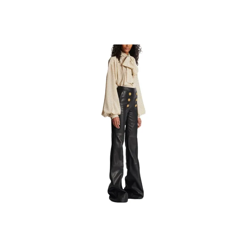 BALMAIN Button embellished Leather Flared Trousers-3