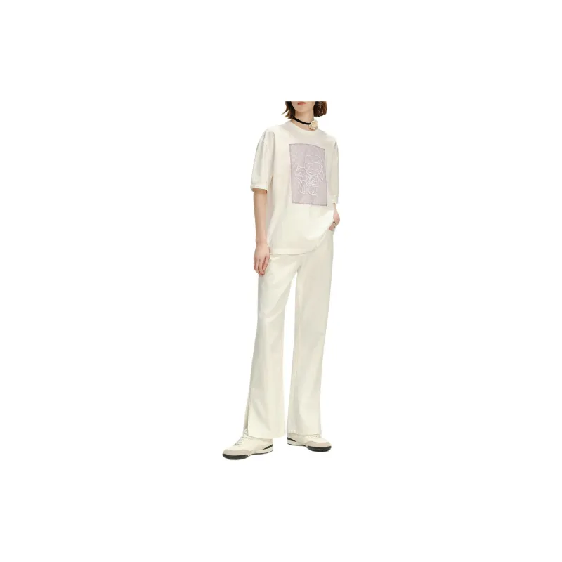 KARL LAGERFELD Cartoon Print Gauze Patchwork Crew Neck Short Sleeved T Shirt Women's White-1