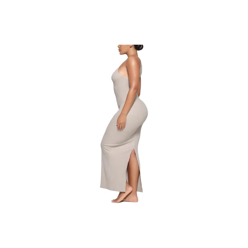 SKIMS SS24 COTTON RIB LONG CAMI DRESS Slip Dresses Women's STONE/Stone Color-3