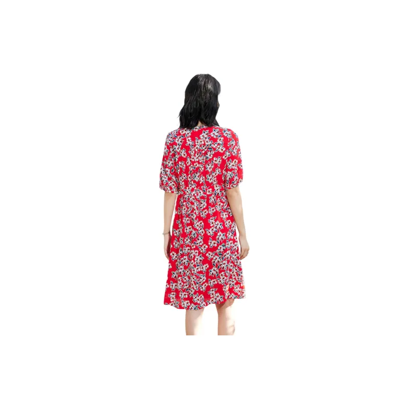 H-YXIANG Short-Sleeved Dresses Women's Black Background With Flowers-2