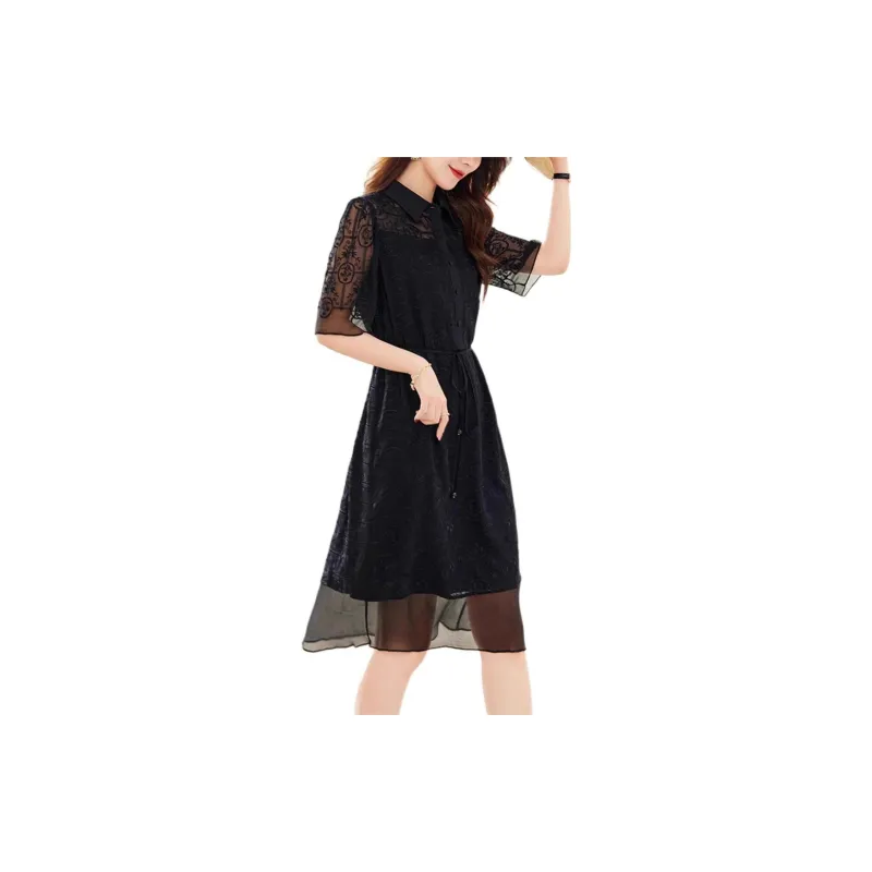 Yi Mengyuan Silk Short Sleeved Dress Women's Black-4