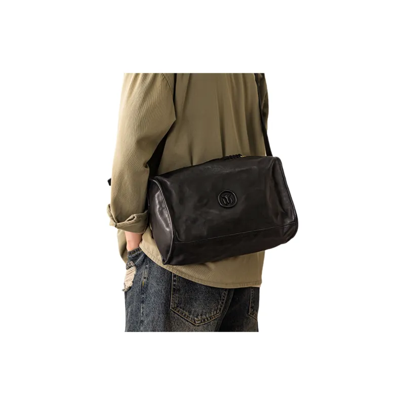 Back Step Top Grain Cow Leather Genuine Leather Vegetable Tanned Soft Leather Crossbody Bag Regular Unisex Black-4