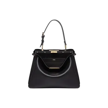 FENDI Peekaboo Calfskin One Shoulder Handbags Medium Size Women's Black