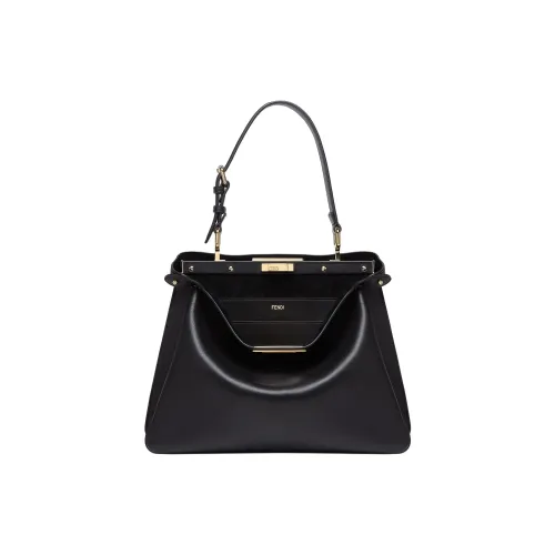FENDI Peekaboo Calfskin One Shoulder Handbags Medium Size Women's Black