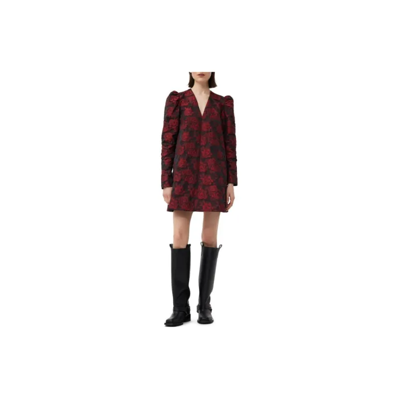 GANNI Red Botanical Jacquard Mini Dress Long Sleeved Dress Women's Red-2