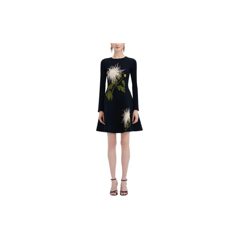 Oscar De La Renta Chrysanthemum Jacquard Long sleeved Dress-1