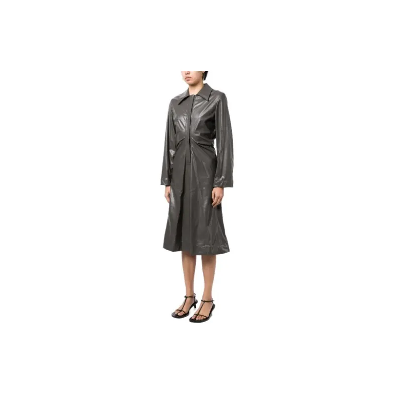 LOW CLASSIC Ruched Faux leather Shirt Dress-3