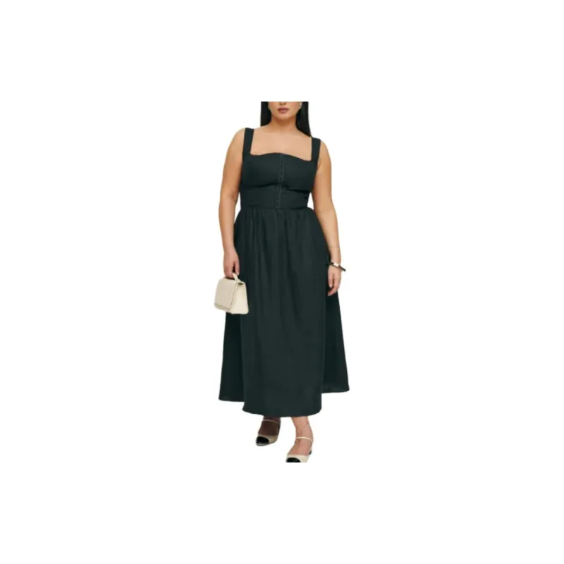 REFORMATION Tagliatelle Linen Dress Es Slip Dresses Women's Black-1