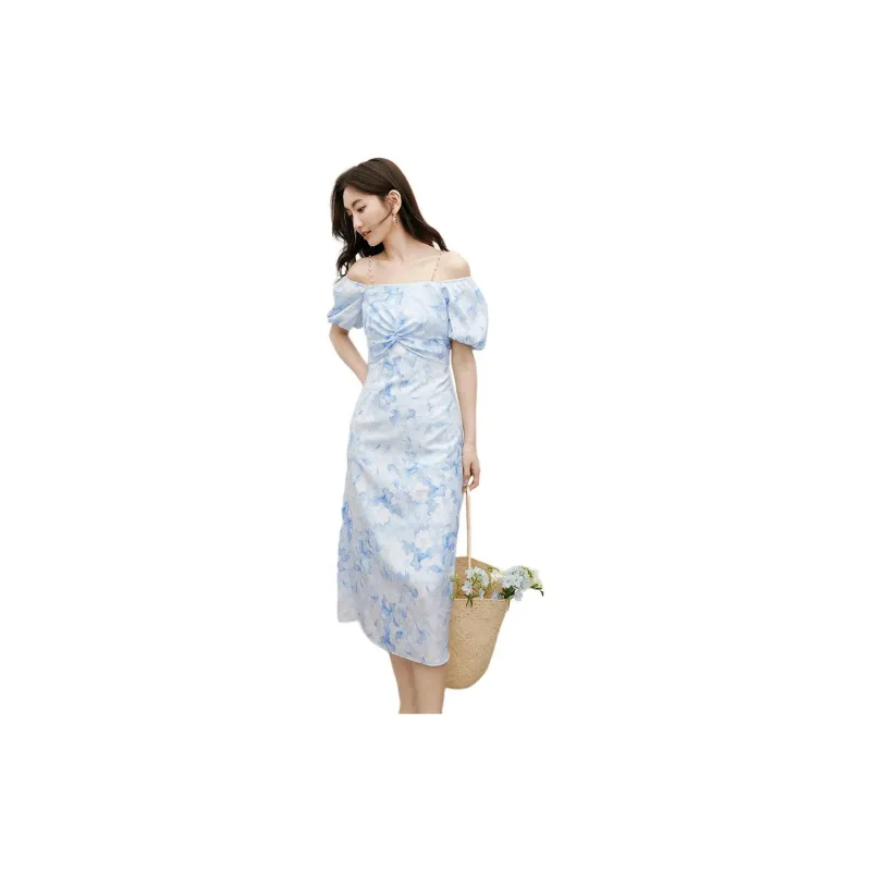 Hopeshow Short-Sleeved Dresses Women's Blue Flower-2