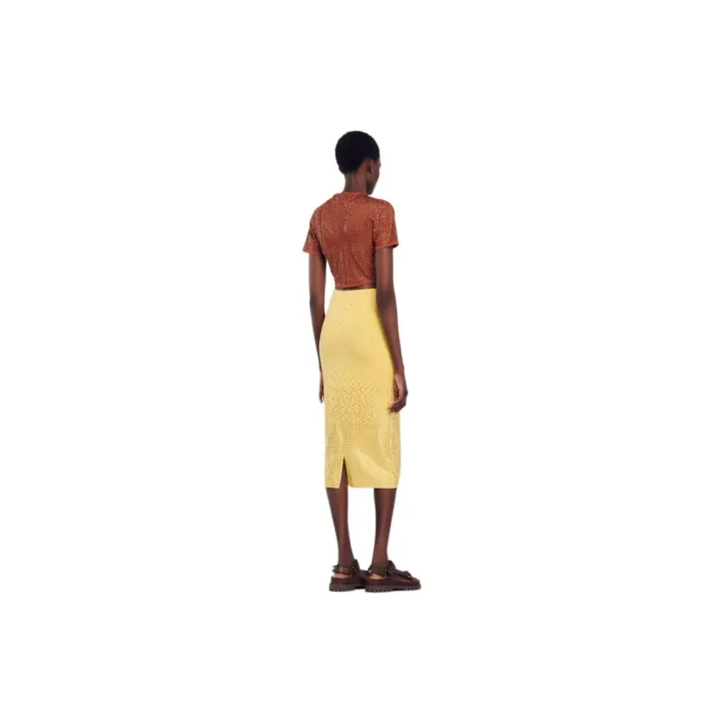 Sandro Rhinestone Embellished Midi Skirt Casual Long Skirt Women's Yellow-1
