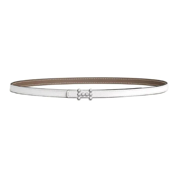 HERMES Palladium Plated Leather Belts Unisex Taupe/White Width 1.3cm-1