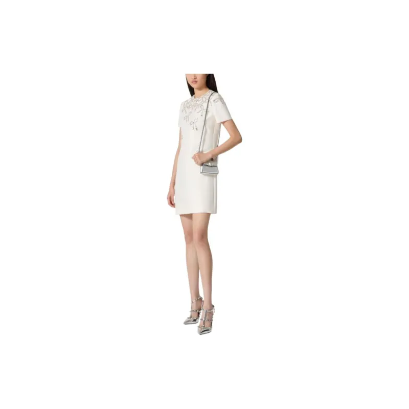 Valentino SS24 Embroidered Crepe Couture Short Dress Short Sleeved Dress Women's Ivory-3