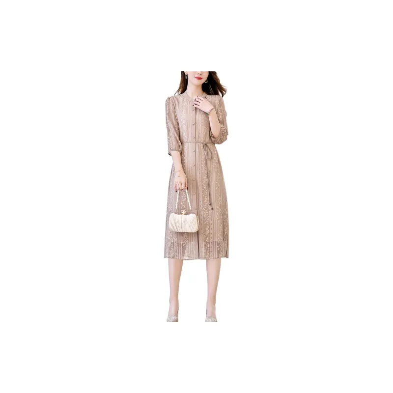 Yi Mengyuan Silk Long Sleeved Dress Women's Coffee-1