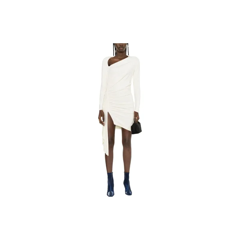 OFF WHITE Asymmetric Ruched Long Sleeved Mini Dress-1