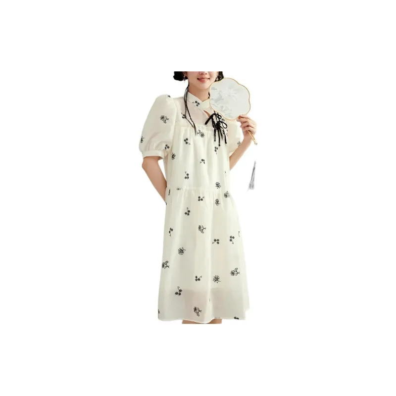 ZIHAN Short-Sleeved Dresses Women's Beige Base With Embroidery-2