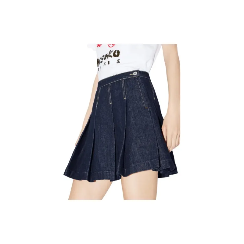 KENZO Logo Patch Pleated Denim Mini Skirt-6