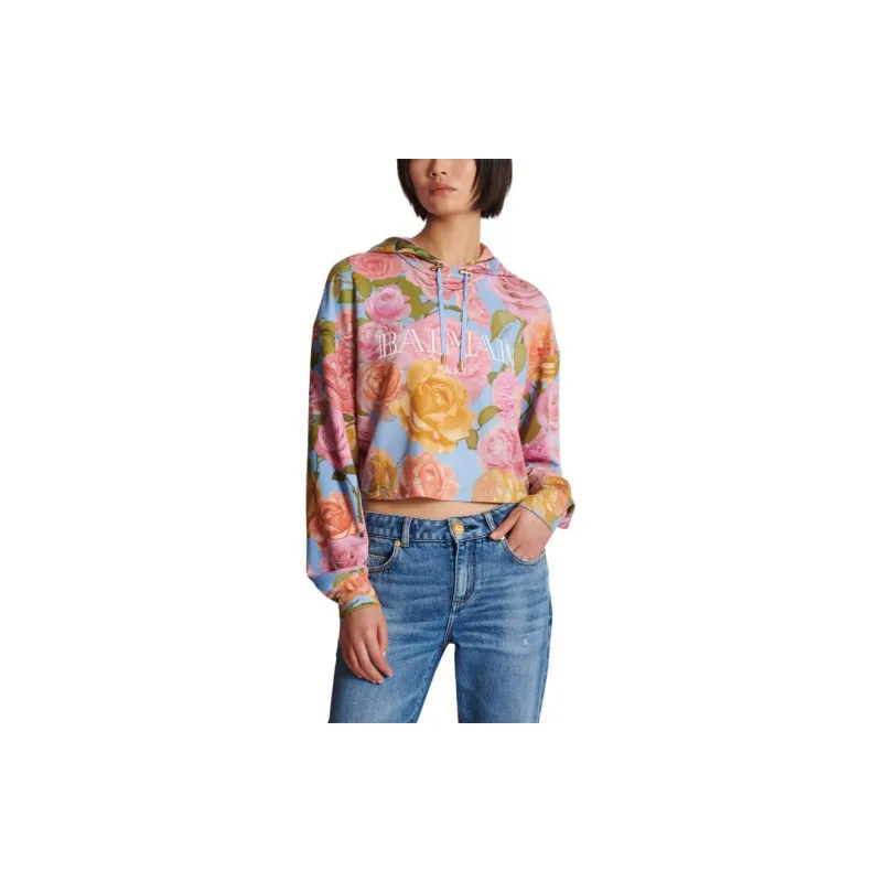 BALMAIN Floral print Cropped Hoodie-4