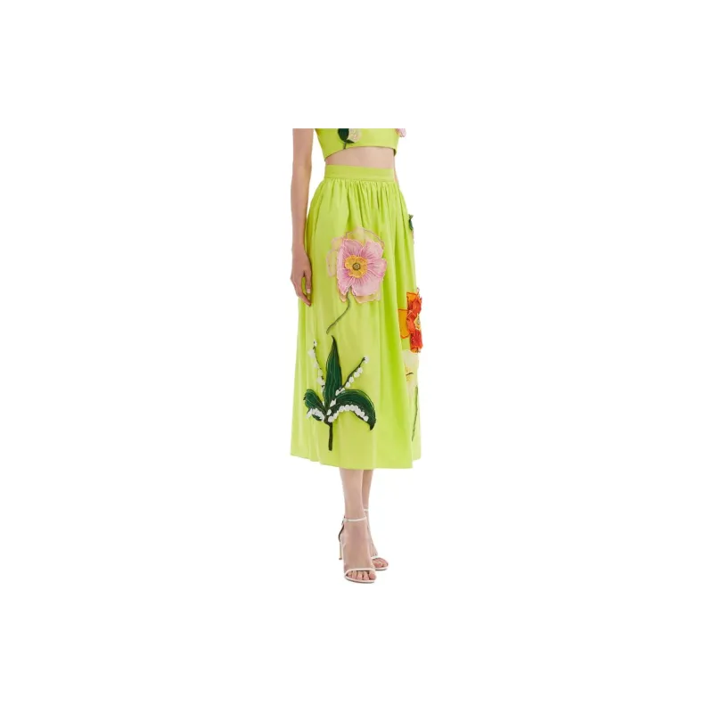 OSCAR DE LA RENTA Floral-appliqué Cotton Midi Skirt-1