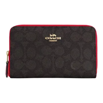 COACH SignatureCanvas Coated Canvas Wallet Medium Size Women's Walnut Wood With Red Accents