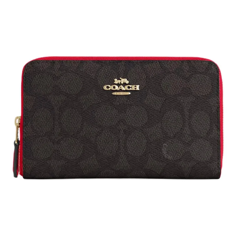 COACH SignatureCanvas Coated Canvas Wallet Medium Size Women's Walnut Wood With Red Accents-0