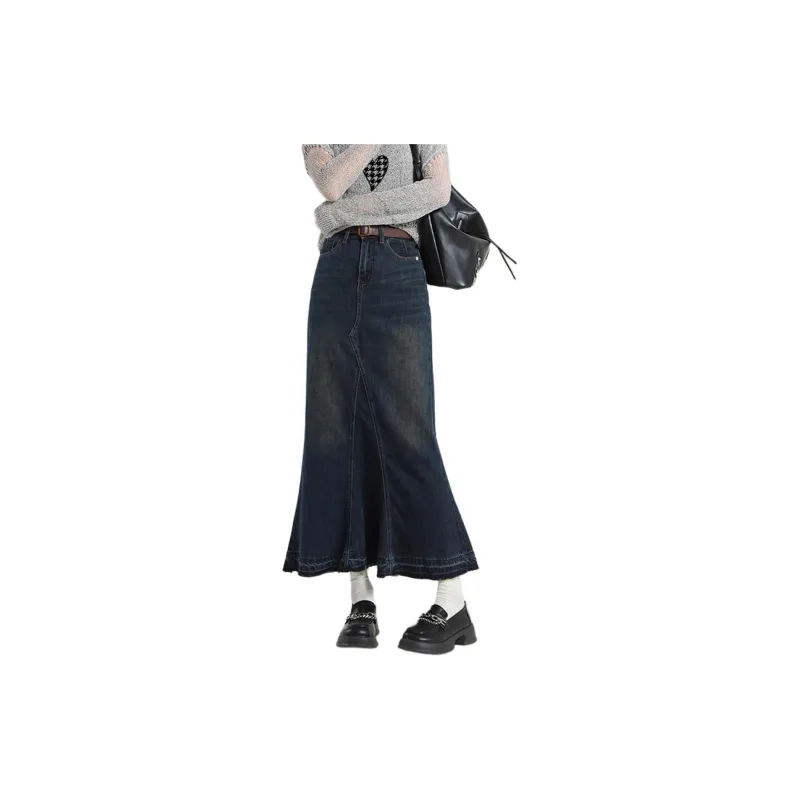 Weixi Denim Long Skirts Women's Vintage Blue-1
