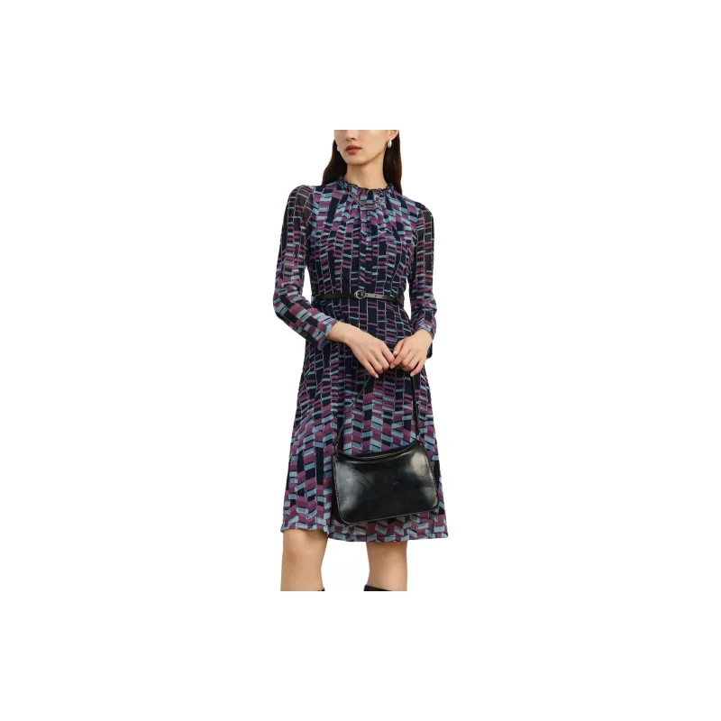 JZ Juzui Long Sleeved Dresses Women's Floral Dark Blue-2