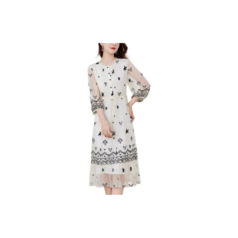 Yi Mengyuan Long Sleeved Dresses Women's Beige-2