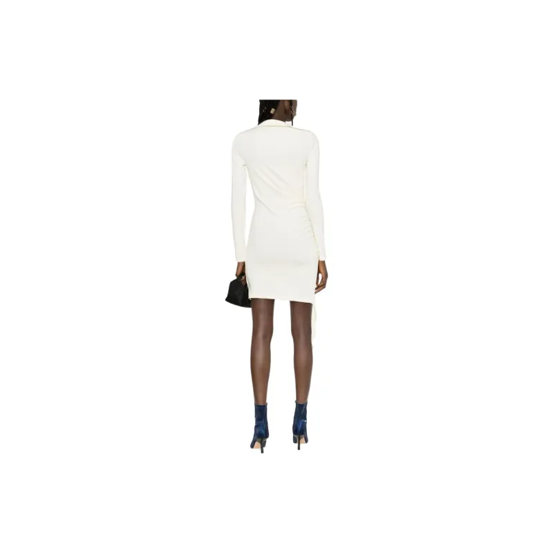 OFF WHITE Asymmetric Ruched Long Sleeved Mini Dress-2