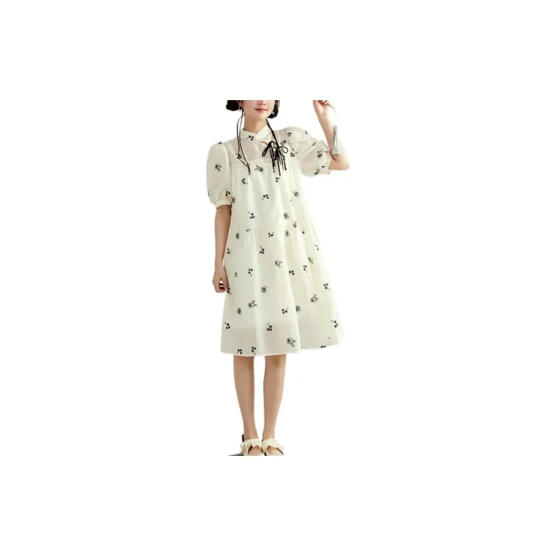 ZIHAN Short-Sleeved Dresses Women's Beige Base With Embroidery-5