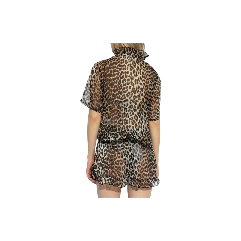 GANNI Leopard Printed Chiffon Tie String Blouse-1