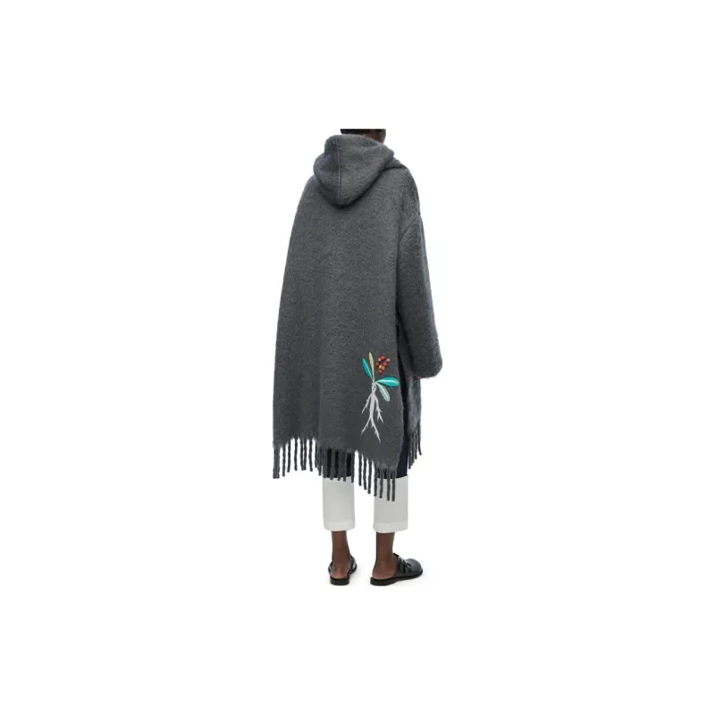 LOEWE Hooded Scarf Coat In Wool And Mohair Dark Grey Melange-2