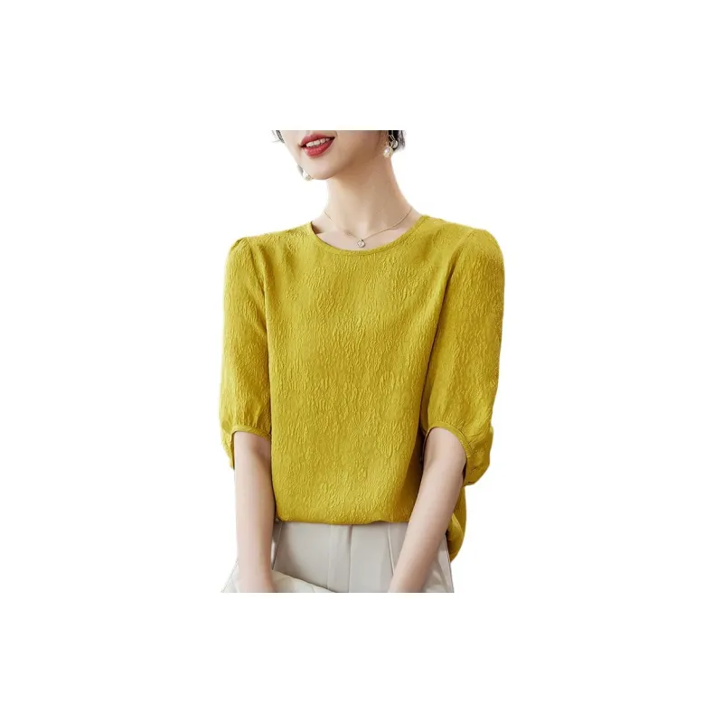 Yi Mengyuan Solid Color Crew Neck Slim Fit Elbow Length Sleeved Shirt Silk T shirt Women's-6