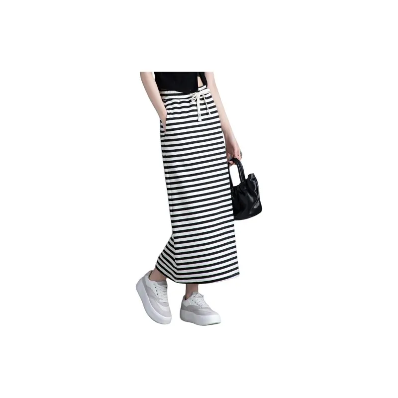 You Cow Me Pants Casual Long Skirts Women's Black White Stripes-2