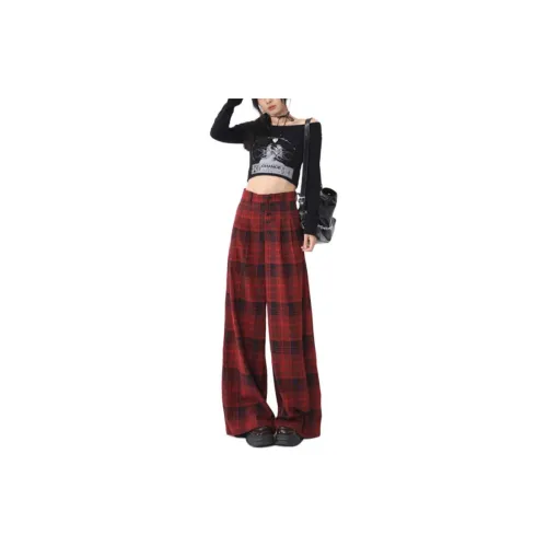 YINLEI Casual Pants Women's Red Plaid