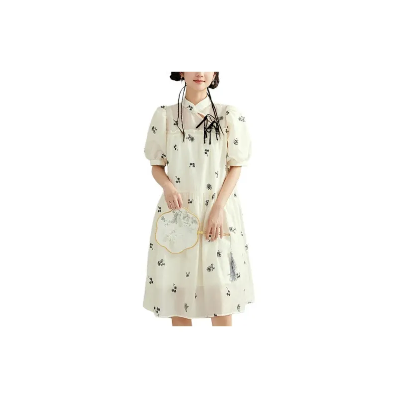 ZIHAN Short-Sleeved Dresses Women's Beige Base With Embroidery-6