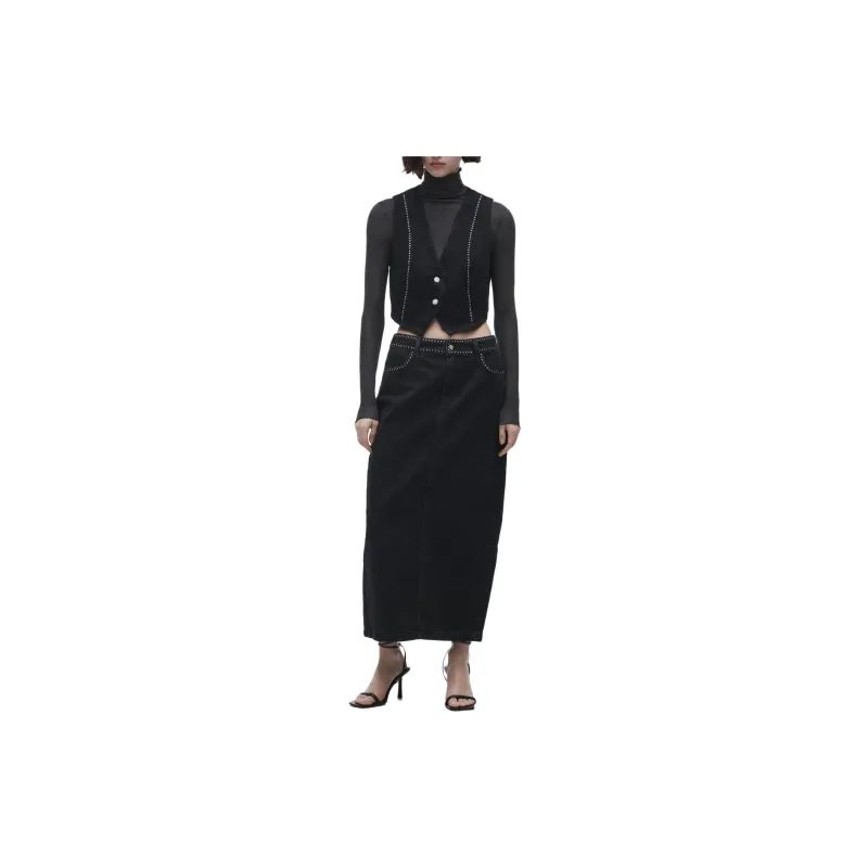 ZARA Denim Long Skirts Women's Black-1