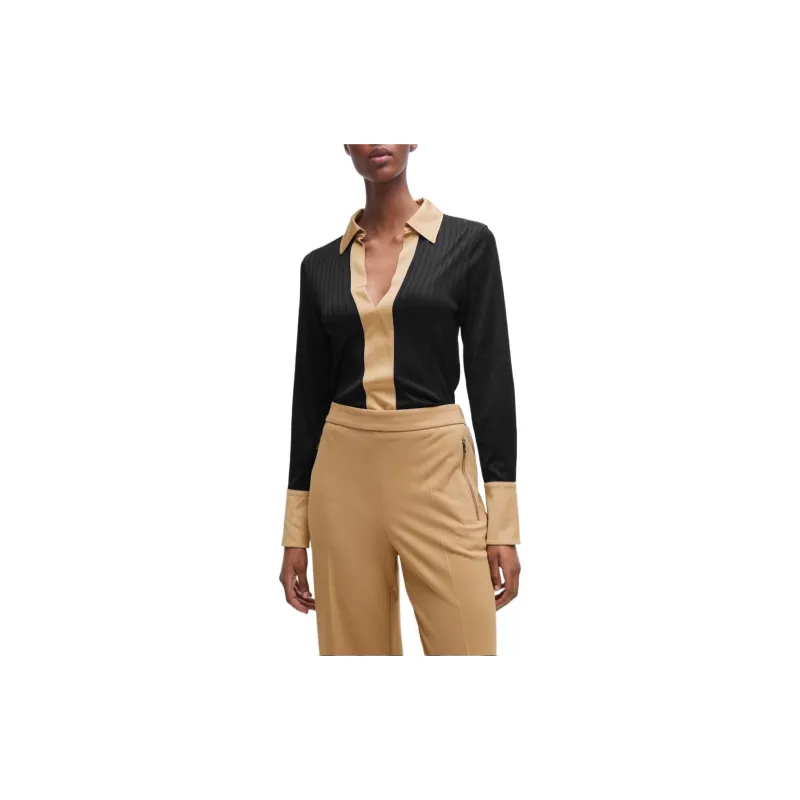 HUGO BOSS Ribbed Long-Sleeved Blouse With Johnny Collar Shirt Women's Black-2