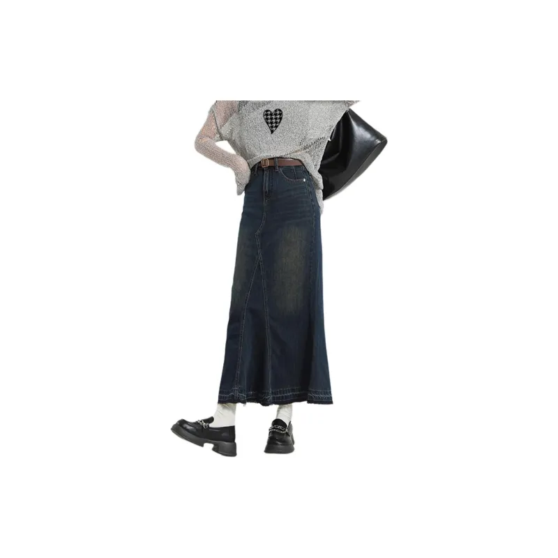 Weixi Denim Long Skirts Women's Vintage Blue-3