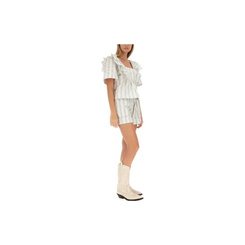 GANNI Striped Seersucker Shorts-1