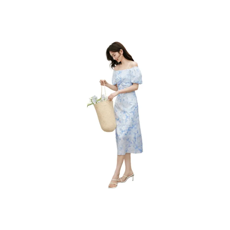 Hopeshow Short-Sleeved Dresses Women's Blue Flower-3