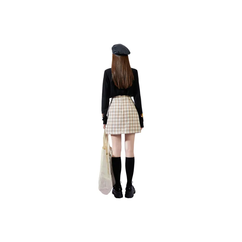 B.Duck Casual Long Skirts Women's Grid Pattern-1