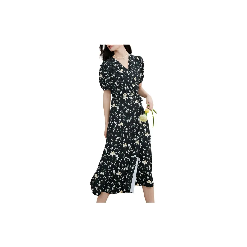 Hopeshow Short Sleeved Dress Women's Black With Floral-1