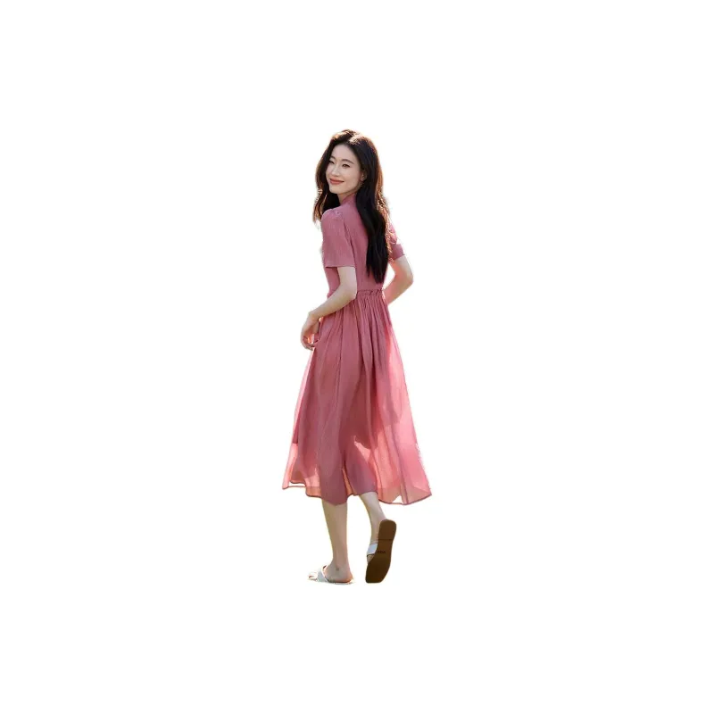Mo Han Yi Mei Short Sleeved Dress Women's Rose Gray Pink-2