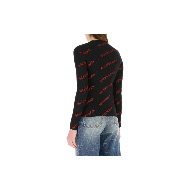 Balenciaga Logo Intarsia Crewneck Sweater 'Black/Red'-4