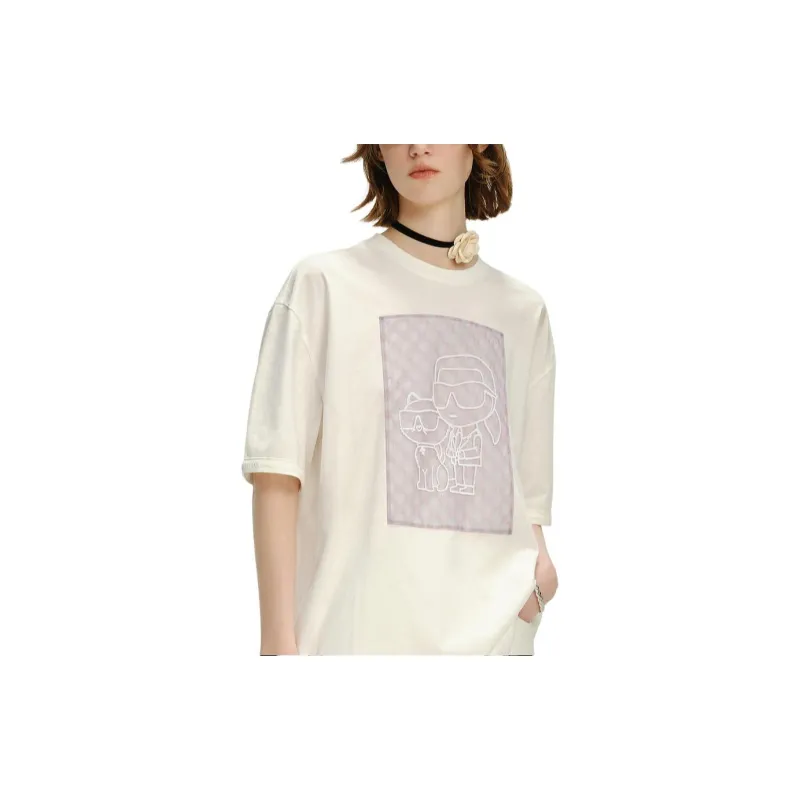 KARL LAGERFELD Cartoon Print Gauze Patchwork Crew Neck Short Sleeved T Shirt Women's White-6