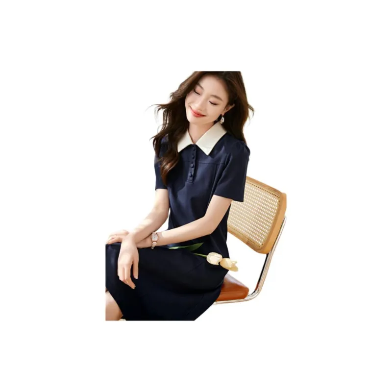 Mo Han Yi Mei Short Sleeved Dress Women's Navy Blue-2