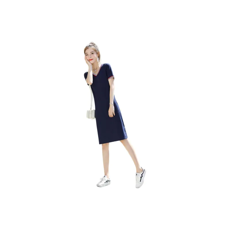 Mo Han Yi Mei Short Sleeved Dress Women's Navy Blue-2