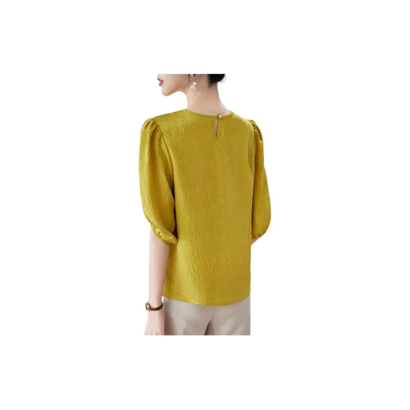 Yi Mengyuan Solid Color Crew Neck Slim Fit Elbow Length Sleeved Shirt Silk T shirt Women's-10